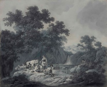 Bergers et bergère avec leur troupeau près d’une cascade