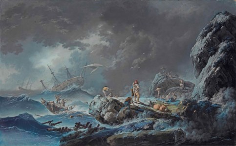 Naufragés échoués sur un rocher, un voilier dans la tempête à l’arrière-plan