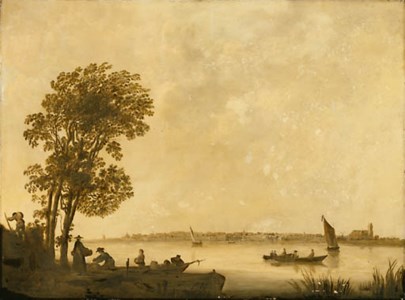 A river Landscape with Peasants unloading a Barge, Dordrecht beyond