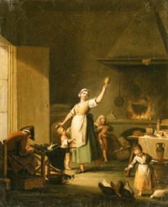 A Woman spinning Wool, a Man mending Shoes, and a young Girl feeding Chickens in a Kitchen
