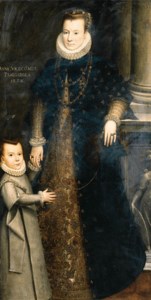 Portrait of Anna, Viscountess of Panigarola, standing full length beside a pillar with her child