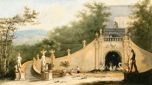 An Italianate Landscape with an imaginary view of a grand Staircase and Figures in a formal Garden