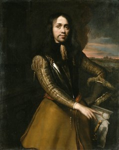 Portrait of a Gentleman, standing three-quarter length, wearing a breastplate, a landscape beyond