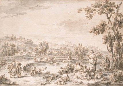 An extensive landscape with shepherdesses resting by a pond