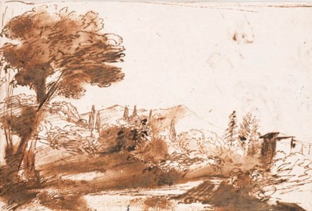 A wooded landscape with a farm