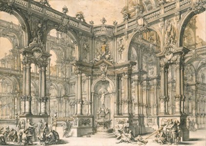 The portico of an Italian palace with a fountain decorated with a statue of Fortune, surrounded with figures studying drawing, geometry and geography
