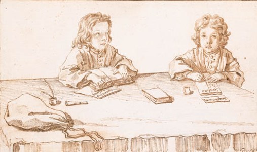Portrait of Serafino and Francesco Falsacapa seated at a table, studying and writing