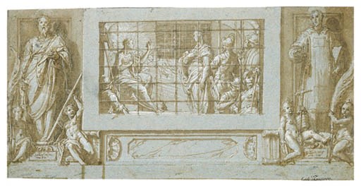 Design for a basamento with Saint Catherine in prison converting the Empress Faustina to Christianity, flanked by Saints Saturnius and Simon