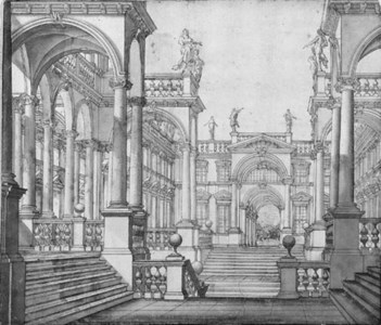 The courtyard of a palace with porticos surmounted by statues: design for the stage
