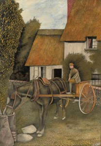 Horse drinking; Woman walking under trees