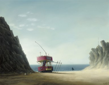 Beach Scene with Abandoned Tram
