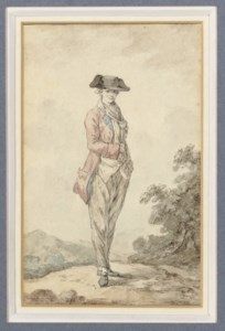 A young man standing with his hand in his vest pocket; and a companion drawing of a young woman playing a tambourine