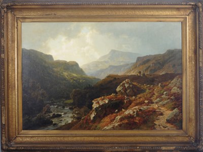 Shepherd tending to his sheep by a mountain stream