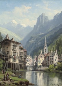 Fishing before a lakeside town