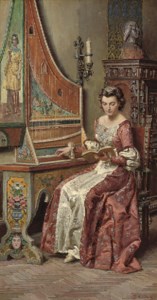 A young beauty learning the harpsichord