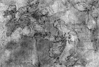 Angels appearing to a kneeling female saint