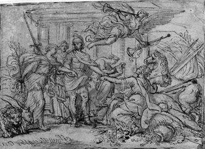 A General with Allegories of Force and Abundance, surrounded by Justice and History, Fame flying over