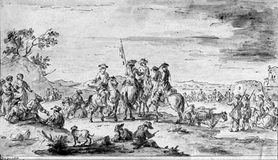 Cavaliers and soldiers in an extensive landscape, a castle in the background