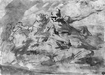 Two figures on clouds, with the sketch of a lady in profile