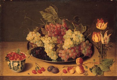 Bunches of grapes and vine leaves on a pewter platter, parrot tulips in a glass, wild strawberries in a Wanli kraak porselein bowl, plums, cherries, a fly, a butterfly and a dragonfly on a wooden ledge