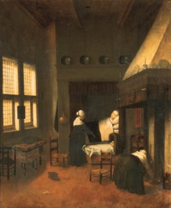 A bedroom with a woman in bed, her child in a cot and nurses