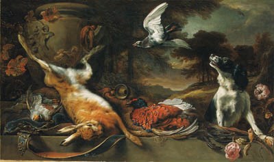 A spaniel and a pigeon with a brace of partridge, a cock pheasant and a hare, a horn, and a satchel with a stone urn on a ledge with roses in a wooded landscape