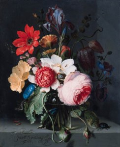 A paeony, an iris, a poppy, anemones, morning glory and other flowers in a glass vase with a beetle on a stone shelf