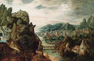 A panoramic mountain landscape, with an extensive town by a river, Christ with Cleopas and Peter on the Way to Emmaus in the foreground, and the subsequent Supper taking place in a Gothic building beyond