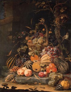 A forest floor still life with grapes, plums, rosehips, blackberries and ears of corn in a basket, with peaches, melons and corn cobs on a stone slab, with a goldfinch, a snail, a beetle and other insects, a mouse by mushrooms in the foreground, by a tree