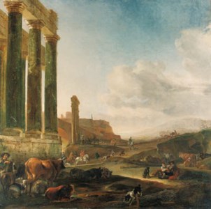 An Italianate landscape with a ruined Doric colonnade, a herdsman with cattle and sheep at rest, horsemen and figures beyond