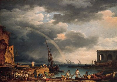Joseph Vernet, L'Arc en Ciel : an Italianate coastal view with a rainbow, fishermen and peasants at an inlet in the foreground, a shipwright's yard beyond