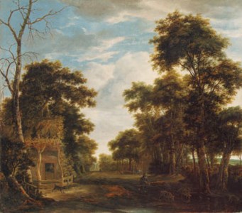 A wooded landscape with a dog barking at a swineherd and pig on a path