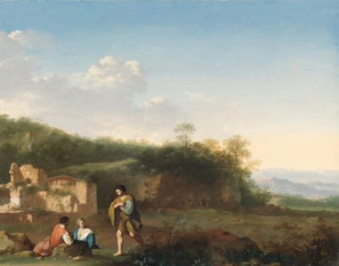 An Italianate landscape with peasants resting in the foreground, a ruined villa beyond