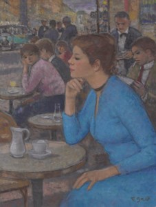 Eugénie à la robe bleue, terrasse des Deux Magots, Paris