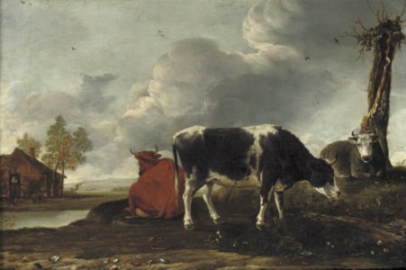Cattle on a riverbank with a cottage beyond