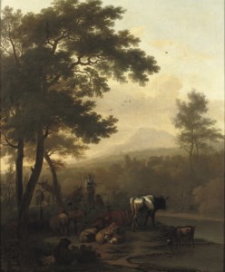 A wooded river landscape with a peasant couple and their cattle