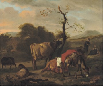Cows, sheep and a donkey in a landscape