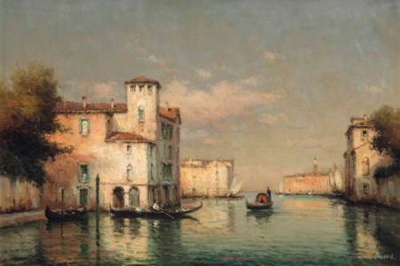 A gondola on a Venetian backwater, St. Mark's Tower beyond