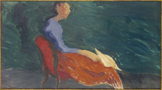 Girl in a red chair; and a companion painting