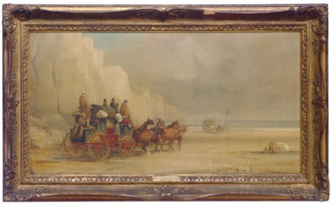 London-Dover Mail Coach Ferrying a River; and a companion painting