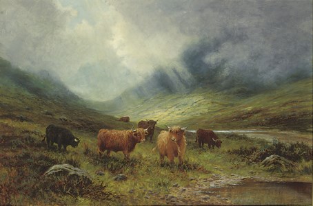 A Highland landscape with cattle beside a river