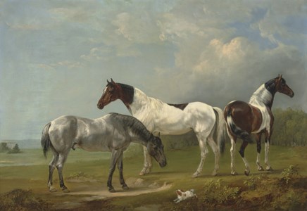 Two Skewbalds, a grey and spaniel in an extensive landscape, a country house beyond