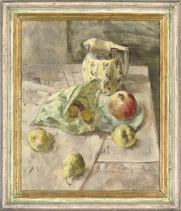 Pears, a pomegranate and a milk jug, on newspaper