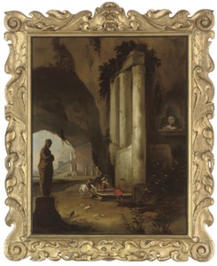 A capriccio of Roman ruins with travellers and their horses at rest