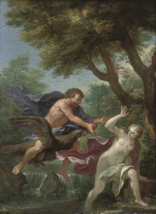 A wooded river landscape with Jupiter chasing a river nymph