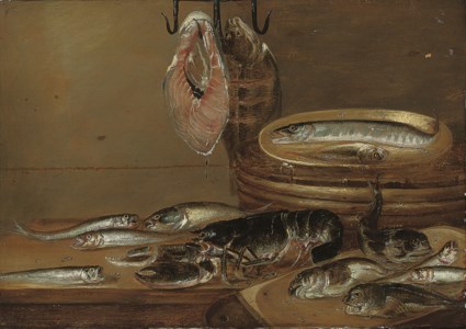 Still life with fish and a lobster on a table