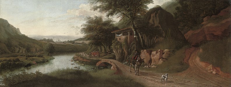 A wooded river landscape with cattle watering, a drover on a donkey, and a dog on a track