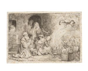 Rembrandt Harmensz van Rijn (Dutch, 1606-1669) The Angel departing from the Family of Tobias Etching and drypoint, 1641, on laid paper, New Hollstein's fifth state (of nine), with small margins, unframedPlate 103 x 154mm (4 1/8 x 6 1/8in)Sheet 109 x 161mm (4 1/4 x 6 3/8in)