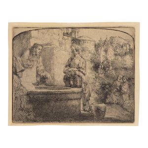 Rembrandt Harmensz van Rijn (Dutch, 1606-1669) Christ and the Woman of Samaria: An Arched Print Etching, 1657, on heavy laid paper, a good impression of New Hollstein's fourth state (of five), with small margins, unframedPlate 125 x 160mm (4 7/8 x 6 1/4in)Sheet 134 x 170mm (5 1/4 x 6 5/8in)