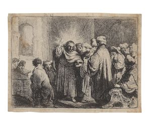 Rembrandt Harmensz van Rijn (Dutch, 1606-1669) The Tribute Money Etching with touches of drypoint, circa 1634, on laid paper, with partial Foolscap watermark, a very good impression of New Hollstein's first state (of four), printing with strong burr on the cloak of the standing man lower left, with small margins, framedPlate 73 x 103mm (2 7/8 x 4 1/8in)Sheet 81 x 109mm (3 1/8 x 4 1/4in)